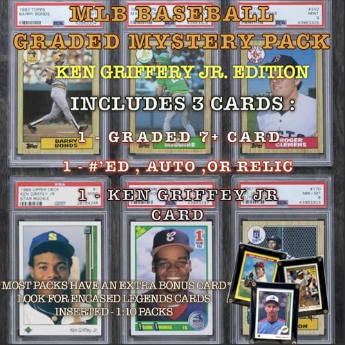 Baseball Graded Mystery Hot Pack - 3 Cards - Guaranteed 7+ - 1#'ed, Auto, Relic or RPA - 1 Griffey Jr. Card - Bonus Cards - Hits, Rookies, Color, Parallels, or SP