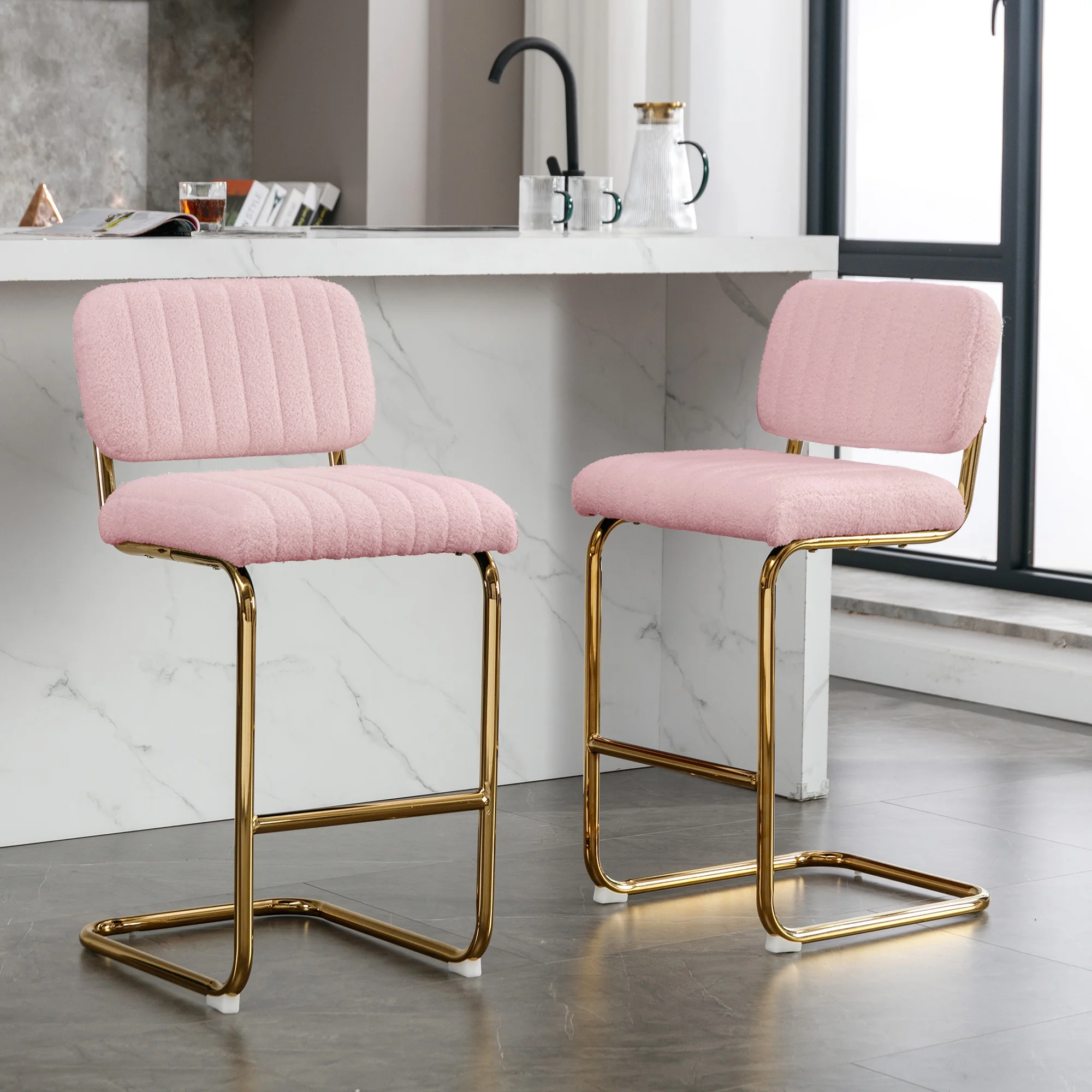 Mid-Century Modern Counter Height Bar Stools for Kitchen Set of 2, Armless Bar Chairs with Gold Metal Chrome Base for Dining Room, Upholstered Boucle Fabric Counter Stools, Pink