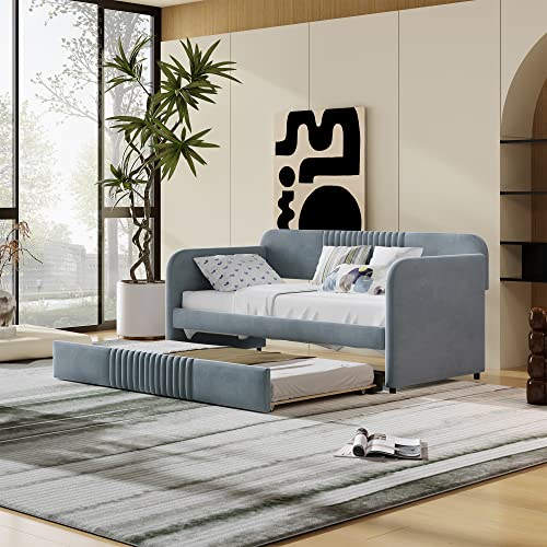 Upholstered Twin Size Daybed with 2 Storage Drawers,Upholstered Day Bed Frame Velvet Sofa Beds with Vertical Channel Tufted Headboard w/Wood Slat Support,No Box Spring Needed