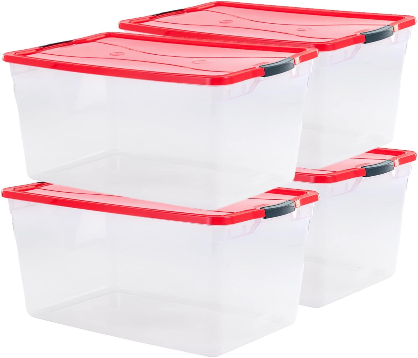 Rubbermaid Cleverstore Clear 71 QT Pack of 4 Holiday Storage Containers, Great for Holiday Decorations, Stackable, Large Capacity, Durable Latching Lids, Clear Bins, Red Lids/Green Handles