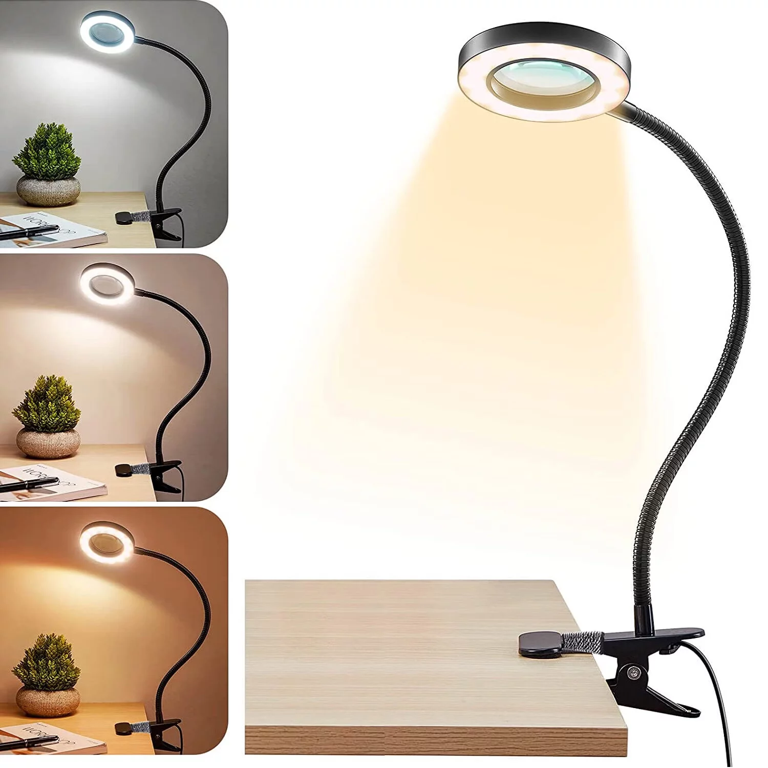 Magnifying Glass with LED Desk Lamp with Clamp, 3-Level Dimmable Desk Light,Table Lamp Extra-Long Flexible Gooseneck