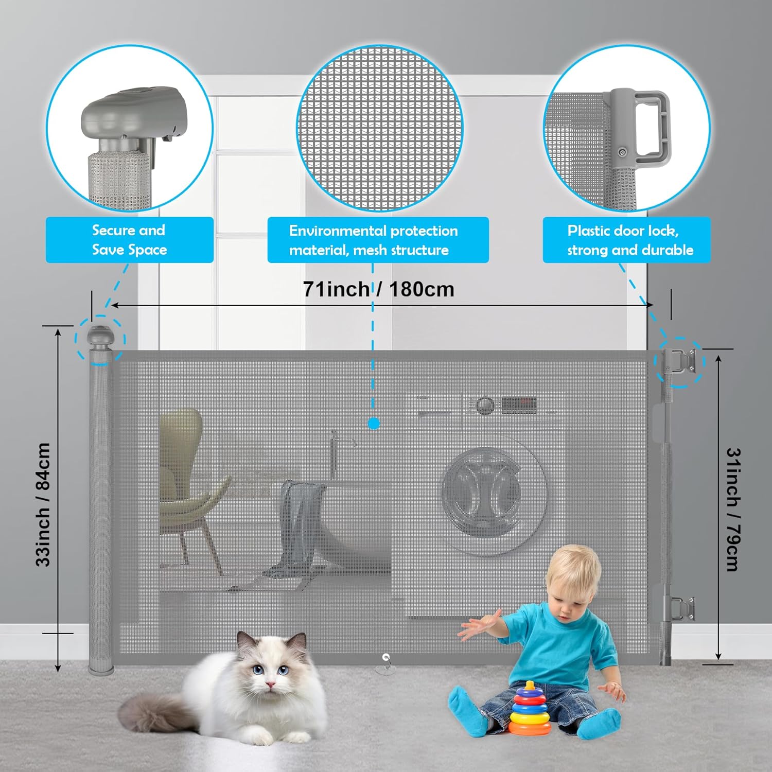 Retractable Baby Gates, UDUK Baby Gate, Retractable Dog Gate 33” Tall, Extends to 71” Baby Gates Extra Wide,Mesh Dog Gate Child Safety Gate for Stairs, Doorways, Indoor, Outdoor, Hallways
