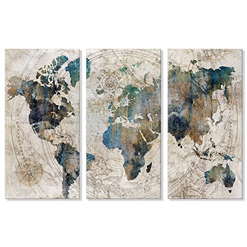 Vintage World Map Canvas Wall Art Large Poster Teal Blue Painting Pictures Artwork Decor for Living Room Bedroom Office Kitchen Decorations 16