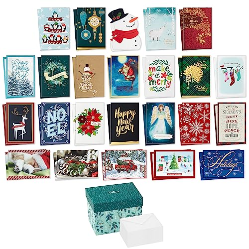 Hallmark Boxed Christmas Card Assortment with Keepsake Box (48 Cards and Envelopes) Angels, Santa, Penguins, New Year, Snowmen, Ornaments