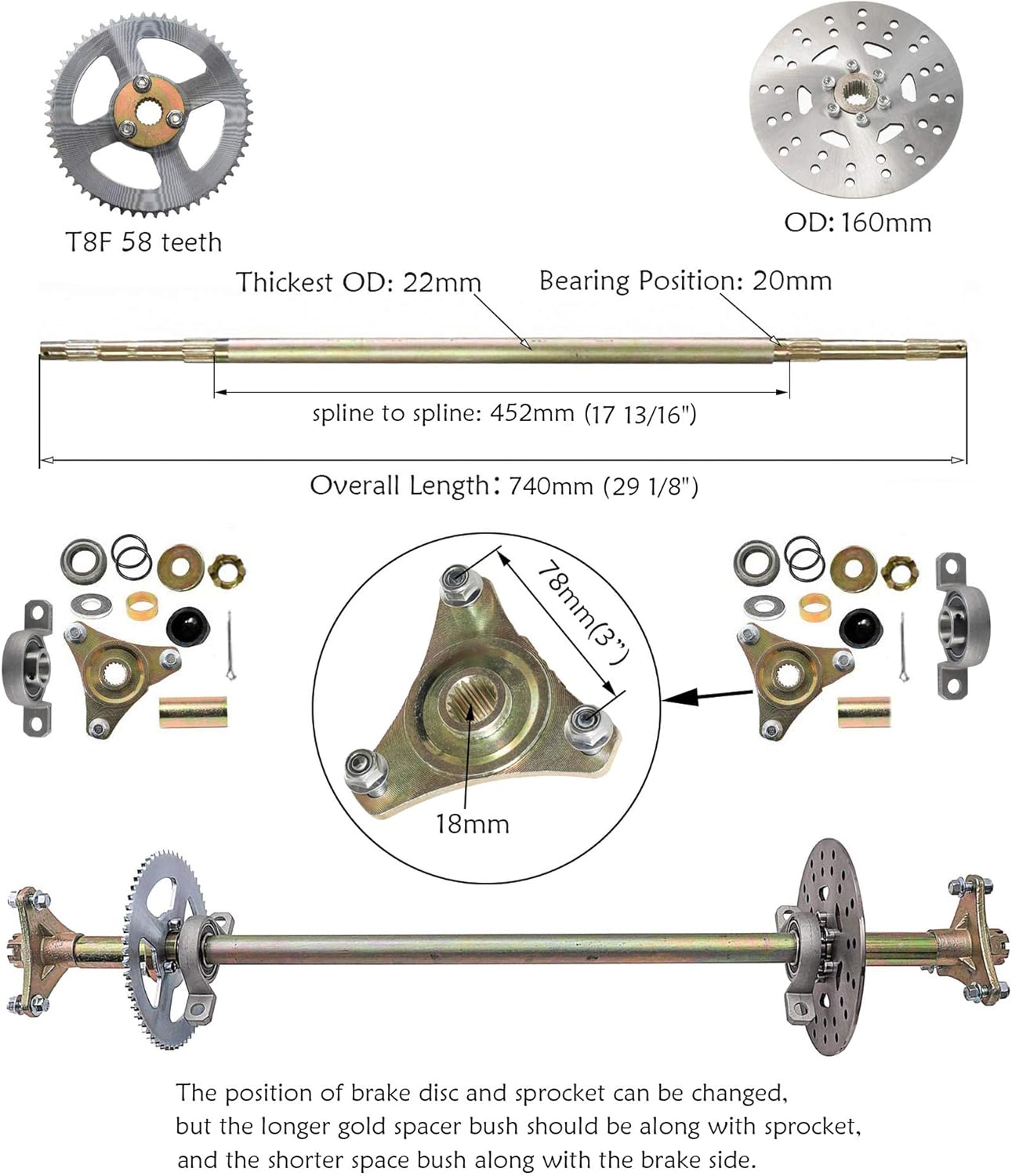 WPHMOTO Rear Axle Assembly Complete Wheel Hub Kit and 6