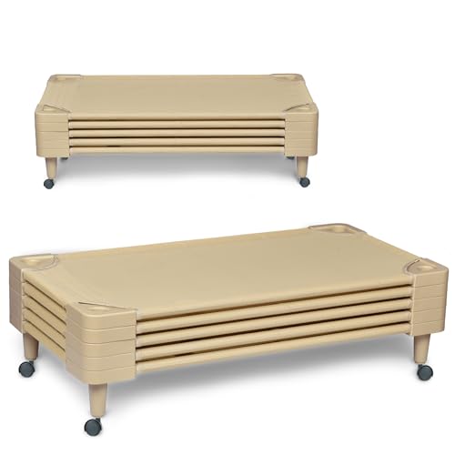 Stackable Kids Nap Cot,Ready-to-Assemble, w/ 4 Lockable Casters,Portable Toddler Space-Saving Children Sleeping Bed for Preschool, Daycare Classroom Furniture(Set of 5)