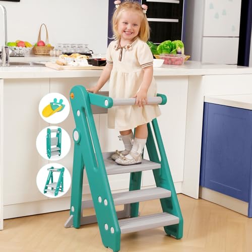 Onasti Toddler Tower Kitchen Stool Helper - Foldable & Adjustable Height Kids Learning Stool for Kitchen Counter Bathroom Sink Child Ladder for Toddlers with Handles, Safty Rail, Non-Slip-Blue Grey