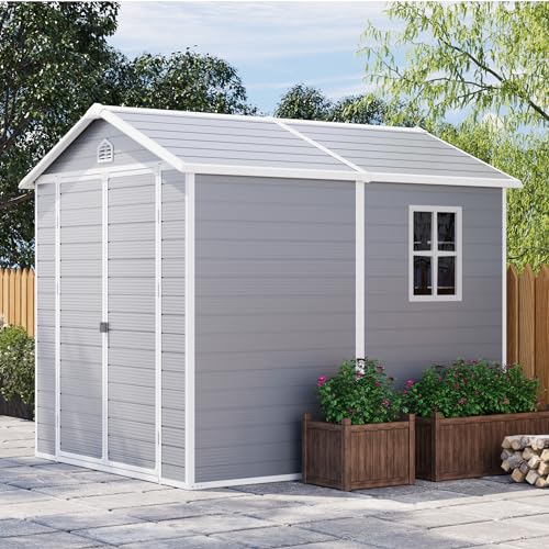 Patiowell 6 x 8 FT Plastic Outdoor Storage Shed with Floor, Resin Shed Perfect to Store Patio Furniture, Garden Tools Bike Accessories, Beach Chairs and Lawn Mower, Grey