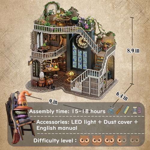 Lannso DIY Dollhouse Miniature Wooden Furniture Kit, Doll House Kit with Dust Proof Cover and Music Box, Mini Handmade Wooden Dollhouse Toys for Adult Gift (M2111)