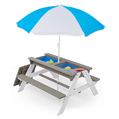 Wooden 3-in-1 Sand & Water Table with Umbrella, Kids Picnic Activity Table with Removable Top for Outdoor Backyard Patio Play
