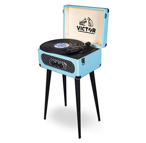 VICTOR Andover 5-in-1 Turntable Music Center with 3-Speed Record Player, FM Radio, Dual Bluetooth in & Out, Built-in Stereo Speakers, and Chair Height Legs, Turquoise