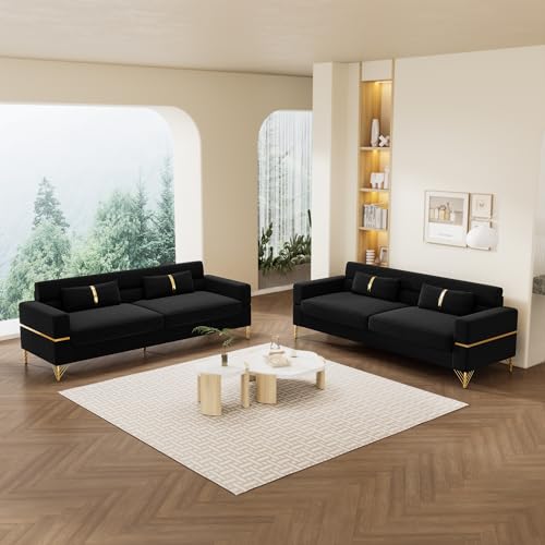 83'' Velvet Sofa, Chesterfield Velvet Upholstered Modern Love seat, with 2 Lumbar Pillows and Round Gold Plated Feet Cream Sofa 3 Seat Living Room Apartment Large Sofa (Khaki)