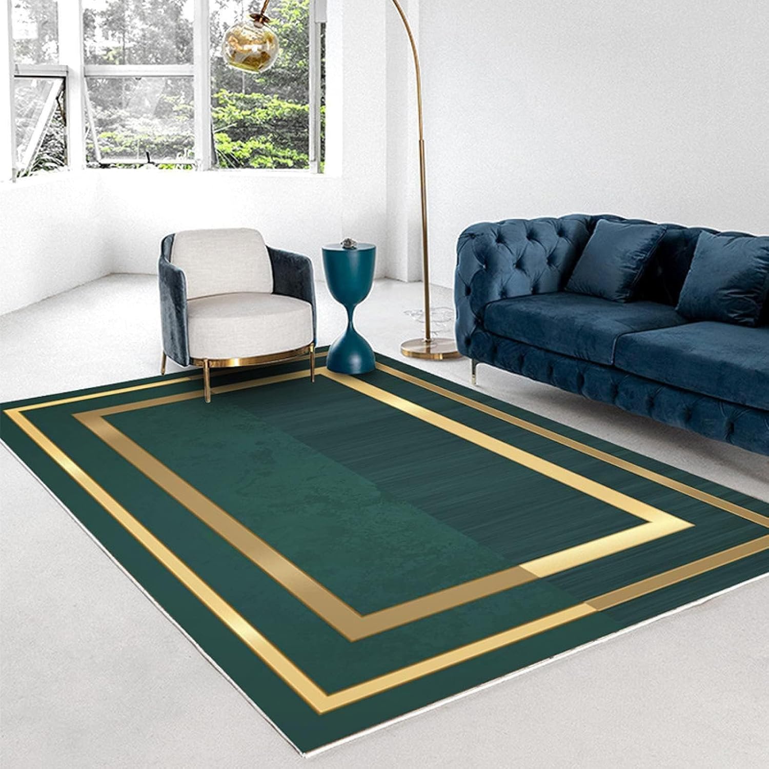 3' x 5' Emerald Green Gold Frame Area Rugs, Living Room Carpet Nordic Geometric Decor Rug, Non-Slip Machine Washable Large Rug for Living Dining Dorm Room Bedroom, Style-15