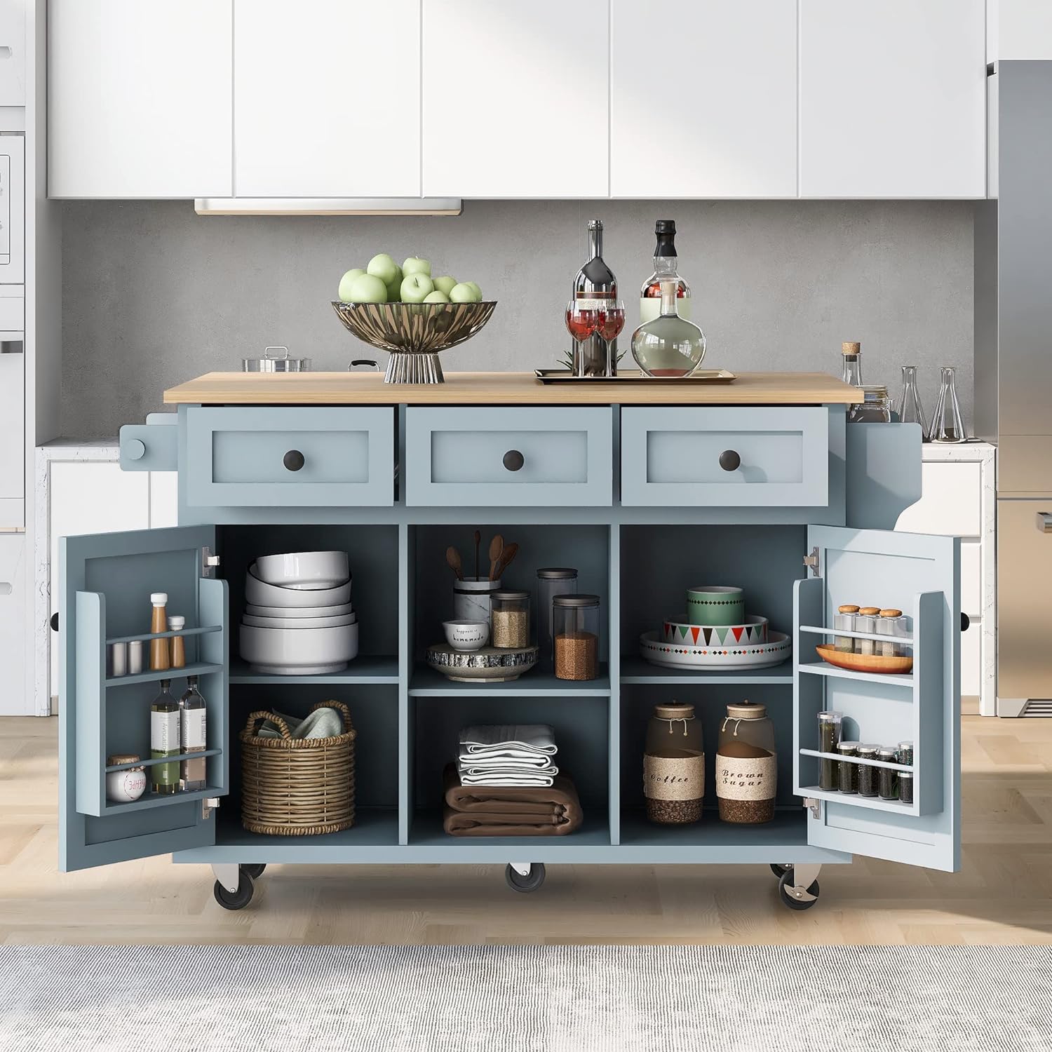 53.1inch Kitchen Cart with Rubber Wood Drop-Leaf Countertop, Cabinet Door Internal Storage Racks,Kitchen Island on 5 Wheels with Storage Cabinet and 3 Drawers for Dining Room, Blue
