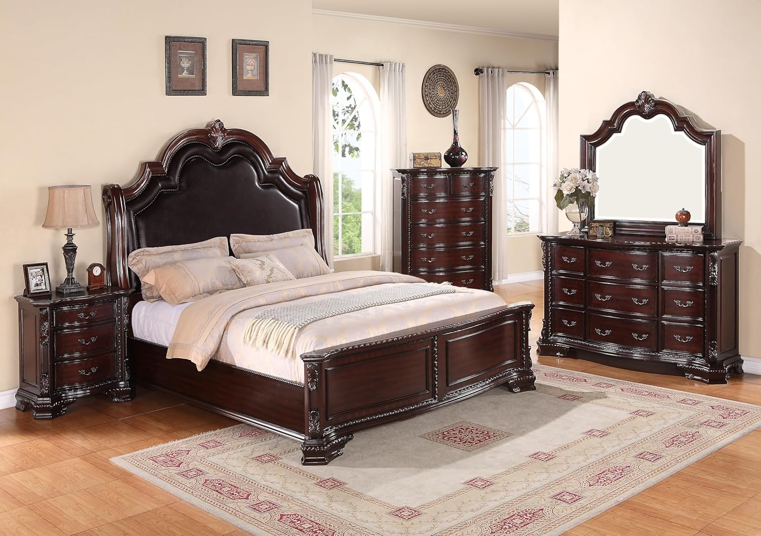 Traditional 5pc Set King Size Faux Leather Upholstery Panel Bed Cherry Finish Solid Wood Formal Classic Vintage Bedroom Furniture, Brown, HSB1100-K5pc