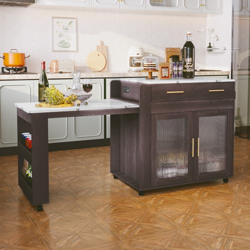 HLR Extendable Kitchen Island on Wheels, Rolling Kitchen Island Cart with Power Outlet, Marble Grain Top Kitchen Island Table with Storage Cabinet and Drawers, Island Table for Kitchen
