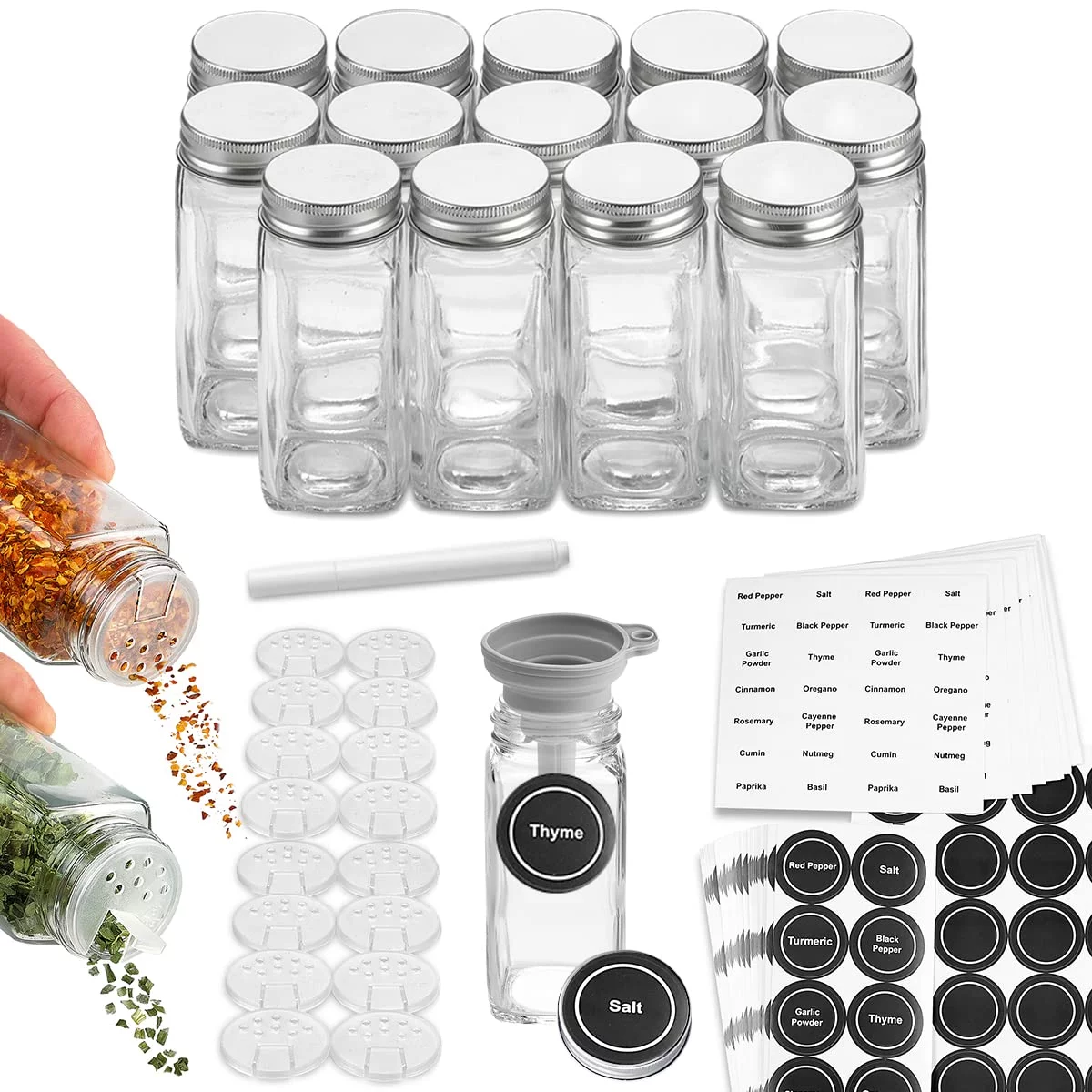HOLDN' STORAGE - Spice Bottles Empty Glass 4 oz - 14 Piece Spice Jars Spice Container Shaker Lids