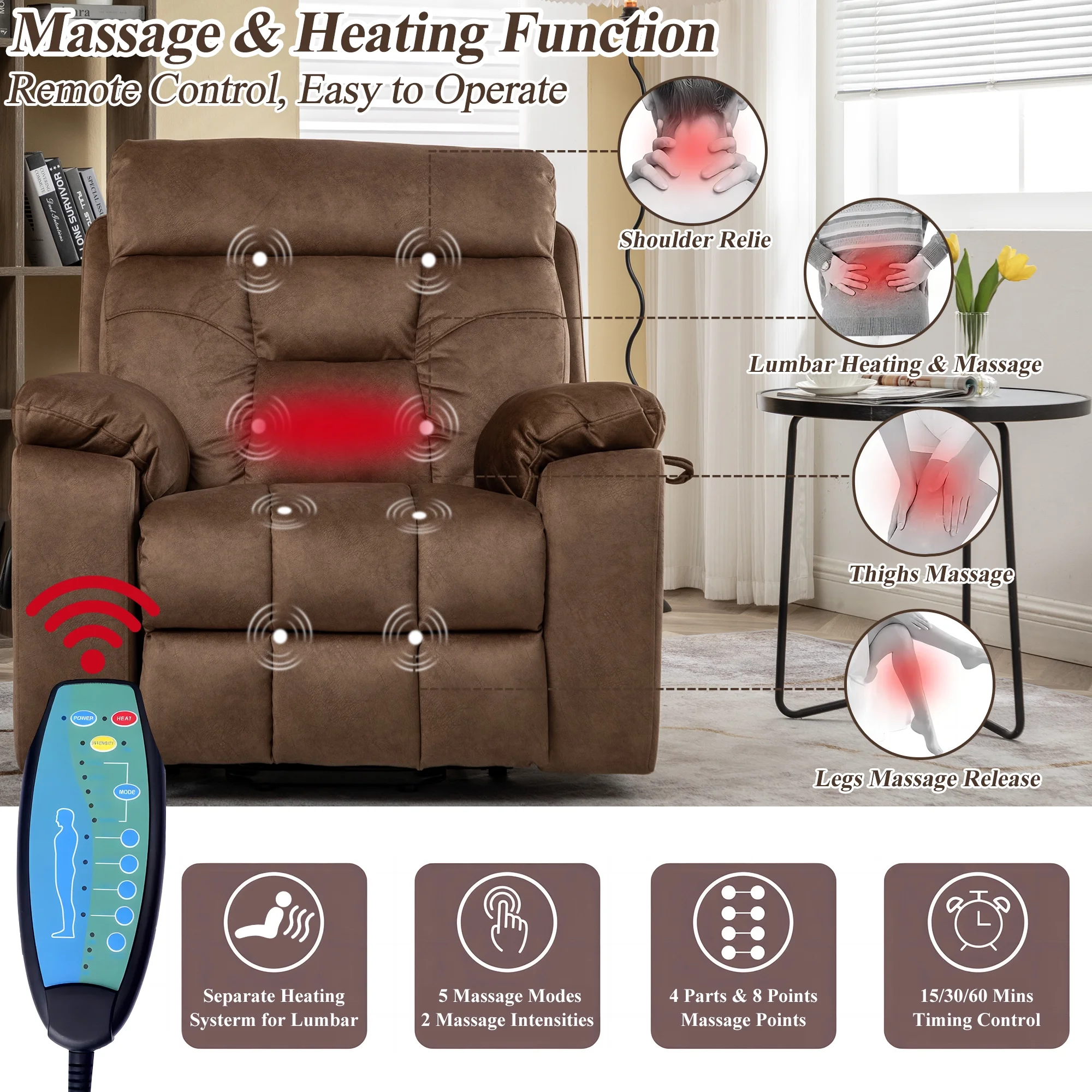 Power Lift Recliner Chair, Legahome 26in Oversize Large Electric Lift Recliners for Elderly with Heat and Massage, 3 Position Electric Recliner Chair for Home Use with Hidden Cup Holder, Dark Brown