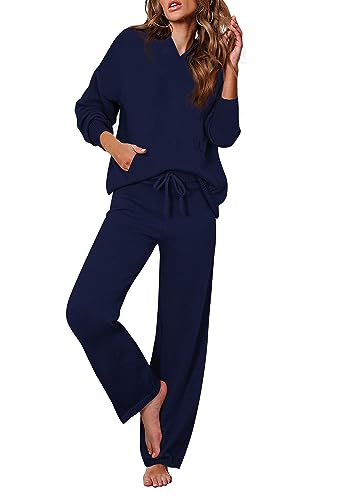 Viottiset Women's 2 Piece Outfits Sweater Set Long Sleeve Hoodies With Pocket Wide Leg Pants Lounge Sets Sweatsuit