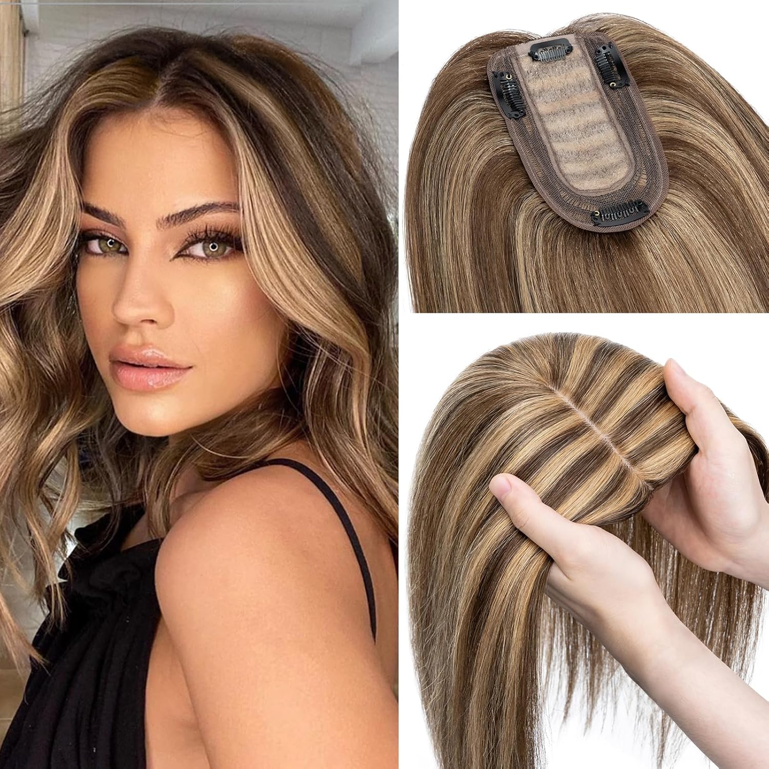 Rich Choices Hair Toppers For Women 100% Real Human Hair Topper With No Bangs 120% Density Silk Base Clip In Top Hairpieces With Thinning Hair 10 Inch #4P27 Medium Brown&Dark Blonde 33g (4 clips)