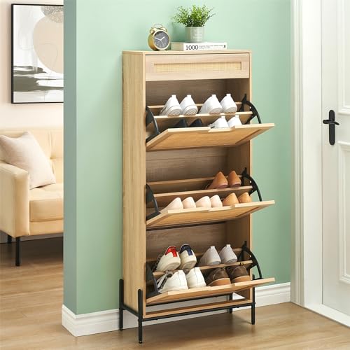 GAOMON Rattan Shoe Storage Cabinet with 3 Flip Door and 1 Drawer, Freestanding Shoe Organizer Rack for Entryway, Hidden Shoe Cabinet with 3-Tier Adjustable Shelves for Hallway Living Room (Oak)