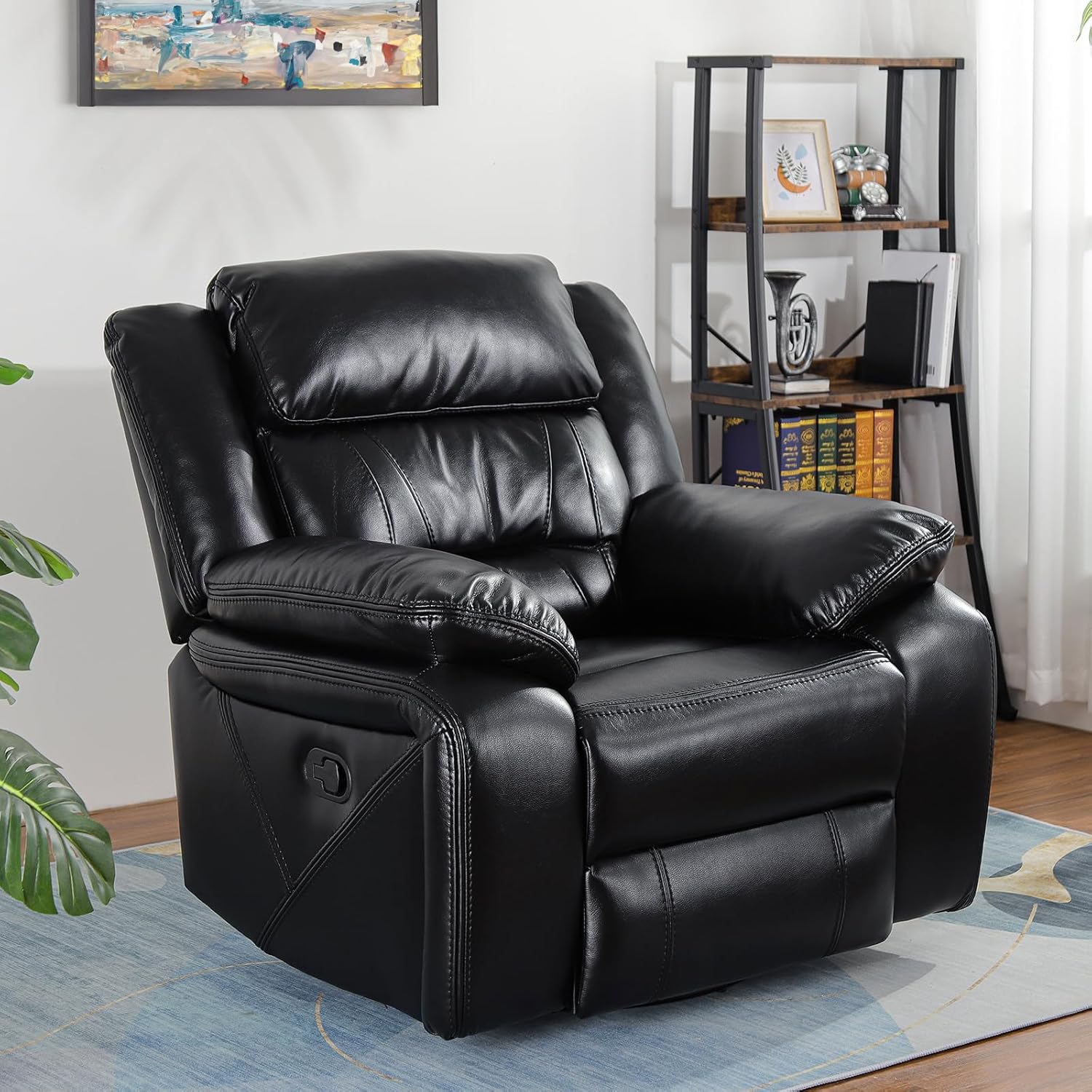 Swivel Rocker Recliner Chair, Glider Rocking Recliner Leather Lazy Boy Recliners Chair for Small Spaces, PU Faux Manual Reclining Chair for Living Room Bedroom RV Nursery Black