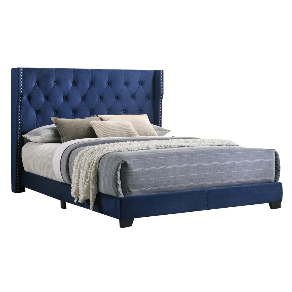 Navy Blue Velvet Panel Bed with Tufted Headboard in Full Size