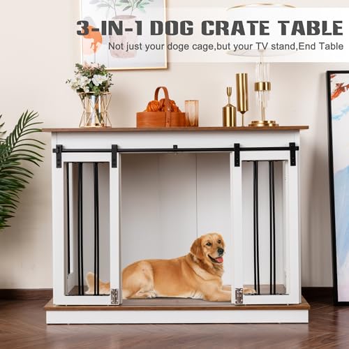 Sunseen Dog Crate Furniture Large Breed Wooden Dog Kennel with Room Divider & 3 Drawer,Double Doors Heavy Duty Dog Crate End Table Indoor TV Stand for Small Medium Large Dog Black,72''W*24''D*35''H