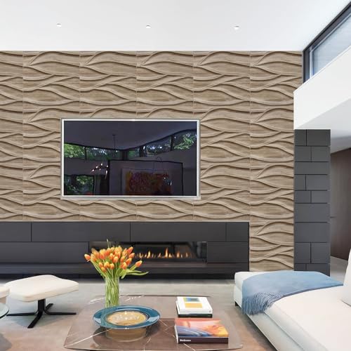 STICKGOO 3D Wall Panels for Interior Wall Decor, Walnut 3D Textured Wall Panels Wave Wall Tiles Design, Accent Wall Panels for Living Room Office Wall Decor, 12 Pack 19.7''x19.7'' Cover 32.Sq.Ft