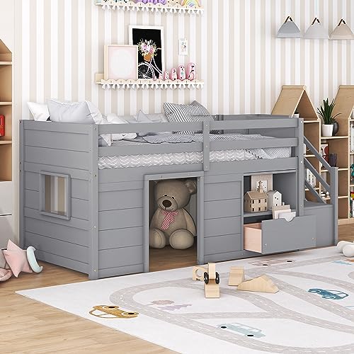 Low Loft Bed with Stairs, Twin Size Loft Bed Frame with Window, Drawers and Shelves, Kids Wooden Loft Bed with Stairway for Boys Girls Teens, Grey