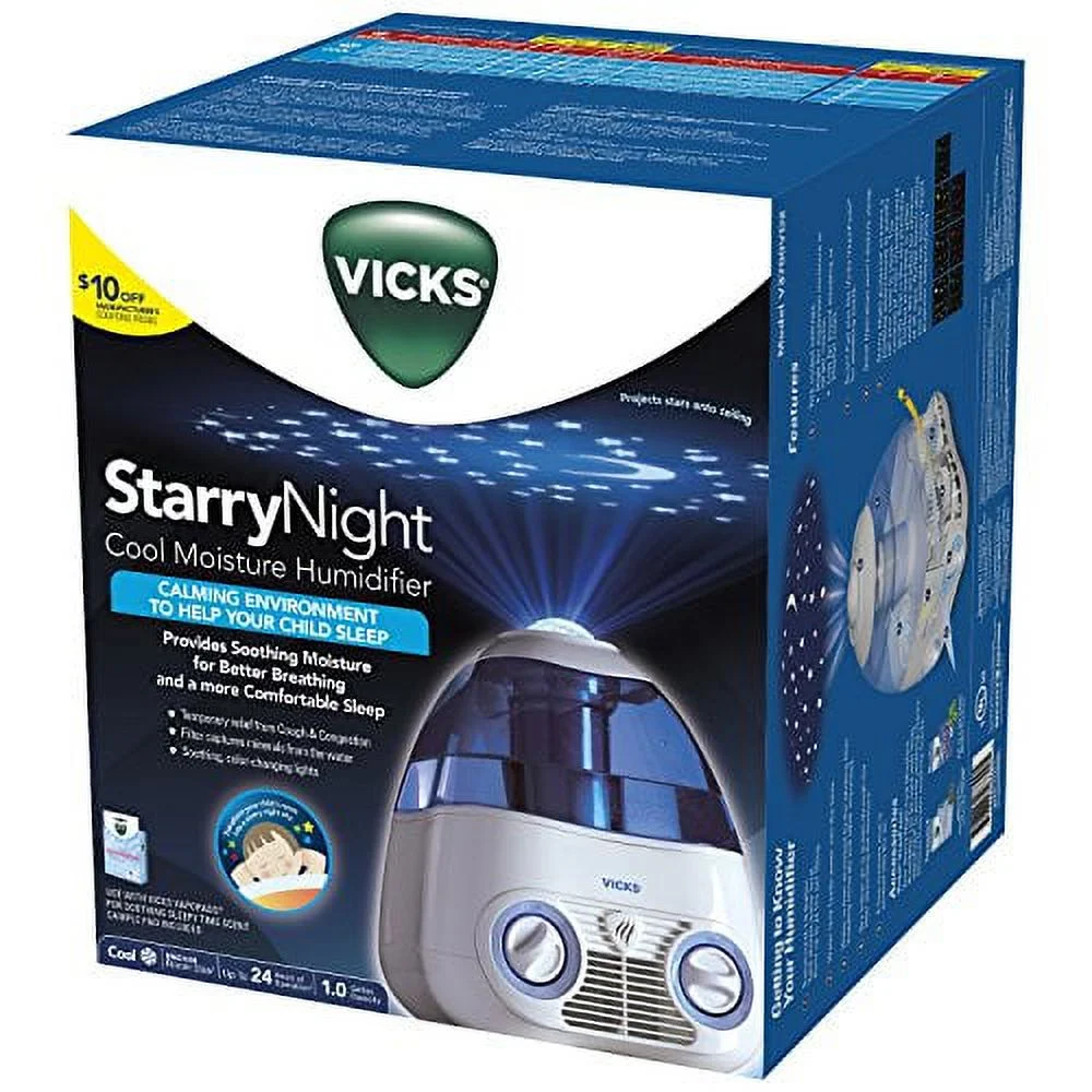 Vicks Starry Night Cool Moisture Humidifier, Vicks Humidifier for Bedrooms, Baby, Kids Rooms, Light Up Star Display, 1 Gallon With Auto Shut-Off 24 Hours of Moisturizing, Use With Menthol VapoPads