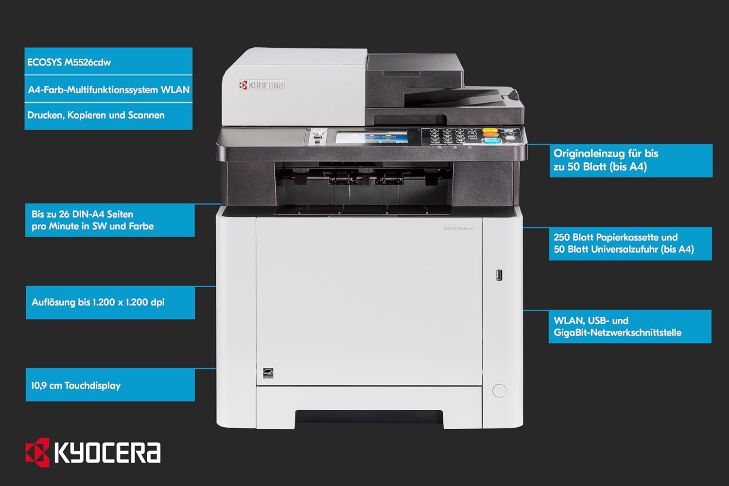 KYOCERA ECOSYS M5526cdw All-in-One Color Laser Printer (Print/Copy/Scan/Fax), 27 ppm, Up to Fine 1200 dpi, Gigabit Ethernet, Wireless & Wi-Fi Direct, Standard Duplex, 4.3in Touchscreen Panel, 512 MB