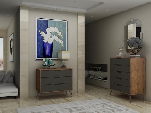 Manhattan Comfort Rockefeller Mid Century Modern 5 3-Drawer Bedroom Dresser Set, Grey