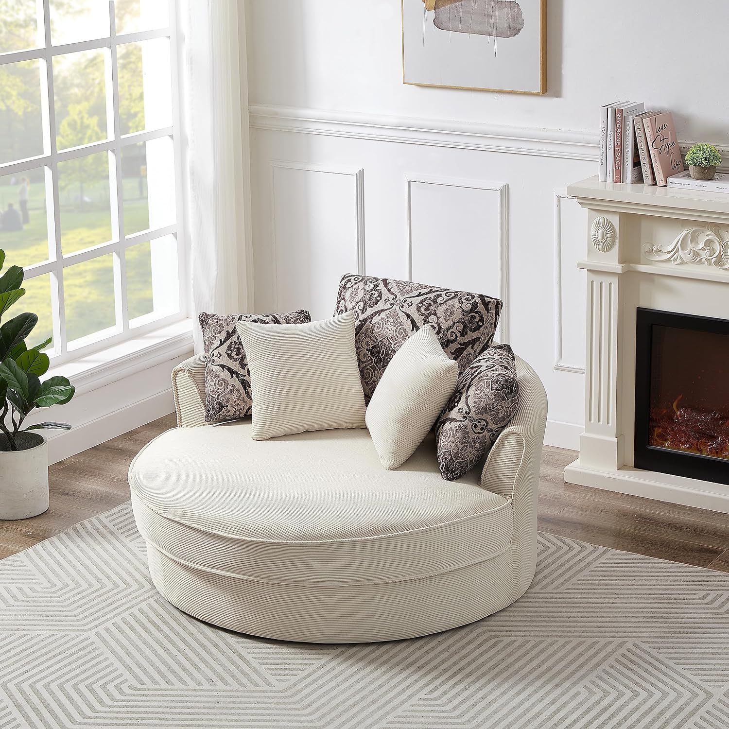 360-Degree Swivel Chair for Living Room Lounge, Modern Round Oversized Barrel Armchair Bedrooms Club Corduroy Upholstered Circle Big Accent Corner Sofachairs with 5 Detachable Pillows