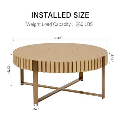 31.5'' Round Coffee Table, Modern Coffee Table Circle Solid Wood Coffee Table with Stainless Steel Gold Legs, Romanesque Small Center Table for Living Room Office Apartment (Walnut)