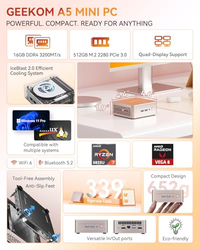 GEEKOM A5 Mini PC, AMD Ryzen 7 5825U, 16GB RAM&512GB M.2 NVMe SSD, Windows 11 Pro Desktop Computer, Vega 8 Graphics, 8K UHD, Dual HDMI | Wi-Fi 6, BT 5.2, USB 3.2 | Home & Office