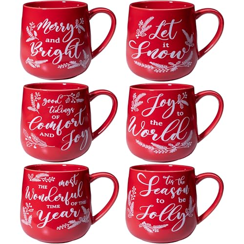 LEHAHA Ceramic Christmas Coffee Mug set,16 OZ Holiday Mugs Set of 6, Festival Coffee Cups with Warm Greeting sayings, Porcelain Christmas Drinkware Ideal for Hot Cocoa, Holiday Tea & Winter Beverages