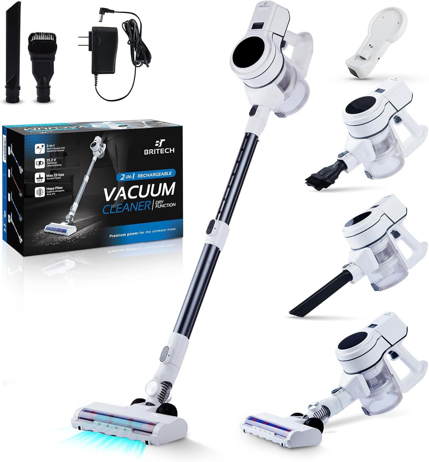 Britech Cordless Lightweight Stick Vacuum Cleaner, 250W Motor for Powerful Suction 30min Runtime, LED Display Screen & Headlights, Great for Carpet Cleaner, Hardwood Floor & Pet Hair (White)