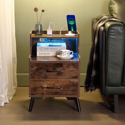 Nightstands Set 2, Night Stand with Drawers, Bedside Tables with Solid Wood Legs and Large Storage Space, Night Stand with 2 Drawers and Shelf for Bedroom