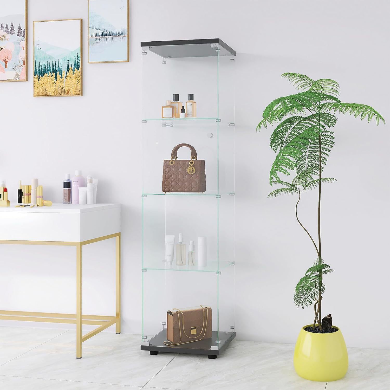 Glass Display Cabinet 4 Shelves with Door,4mm TemperedGlass CurioCabinets Floor Standing Bookshelf for Living Room,Bedroom,Office