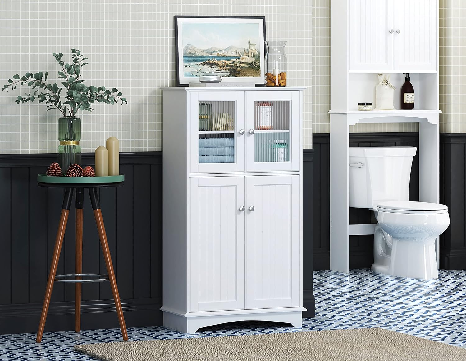 Spirich Bathroom Storage Cabinet, Wood Floor Cabinet, Free Standing Storage Organizer for Bathroom, Living room, White