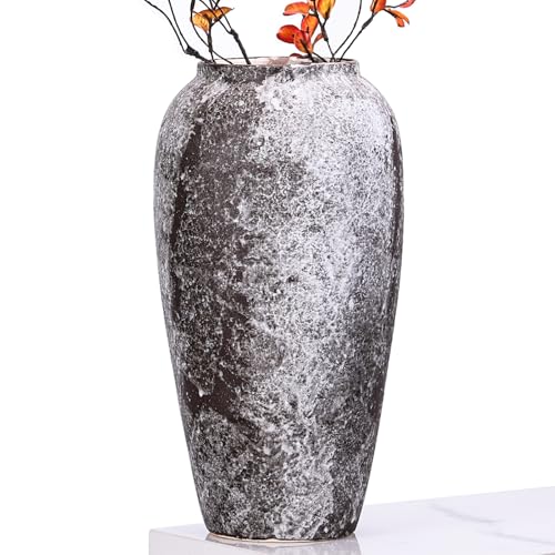 13.8in Tall Stone Vase for Rustic Home Decor, Farmhouse Large Antique Pottery Vase Furniture&table Flower Decorative, Round Terracotta Vase for Living Room Decor, Modern Rustic Concrete Clay Art Vases