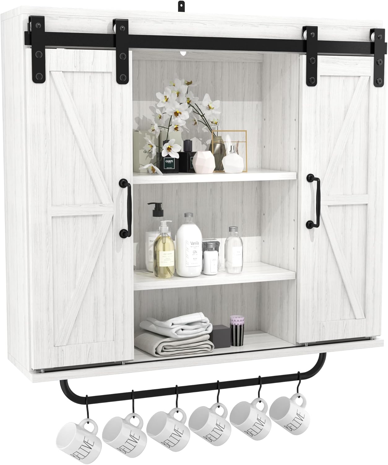 Vintage Rustic Wood Wall Storage Cabinet with Two Sliding Barn Door,1 Row of Hooks 3 Tier Cabinet for Kitchen Dining, Bathroom, Living Room(Black)