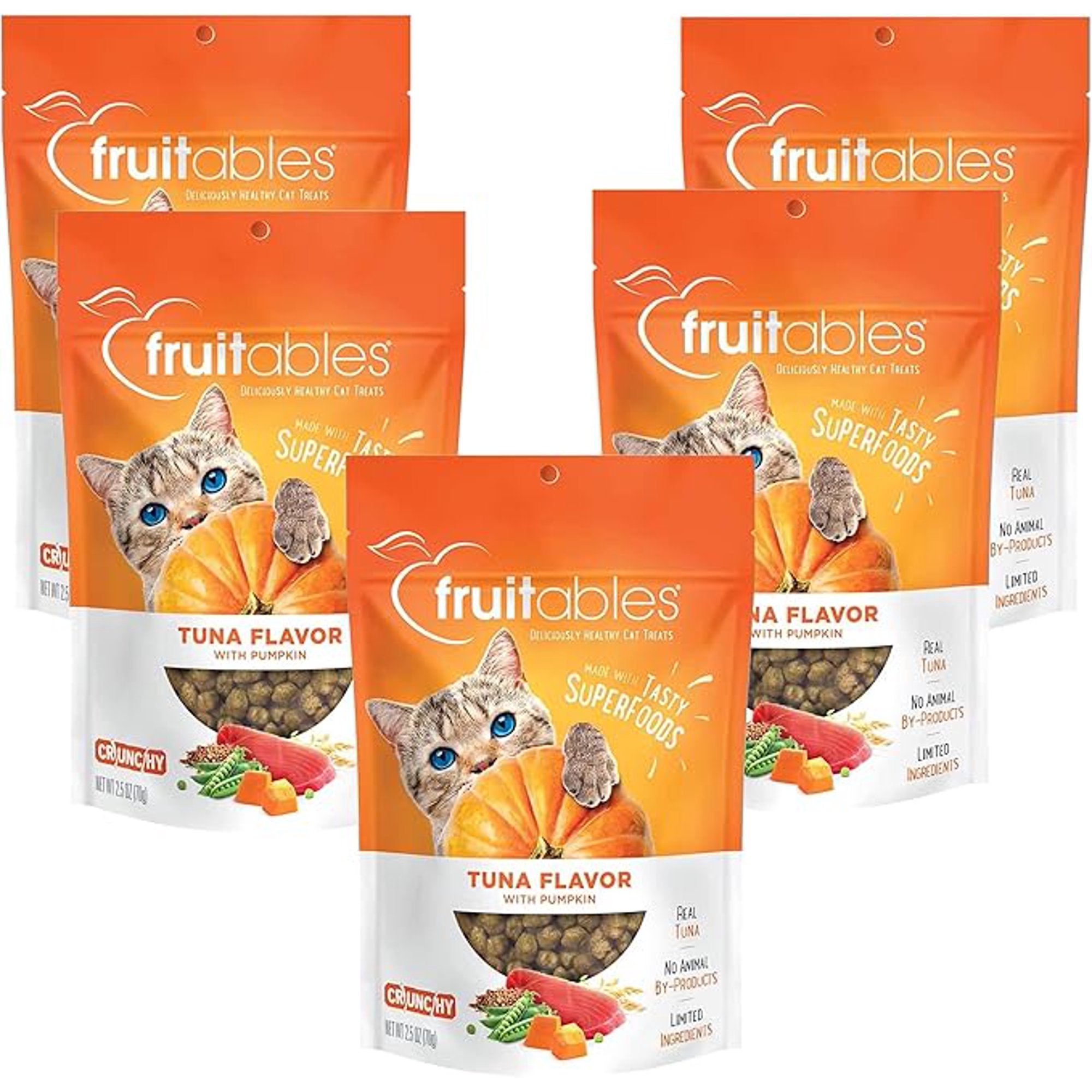 Fruitables Cat Treats - Healthy Low Calorie Crunchy Cat Treats - Packed with Protein, Free of Wheat, Corn and Soy - Made with Real Tuna & Pumpkin - 2.5 oz (5 Pack)