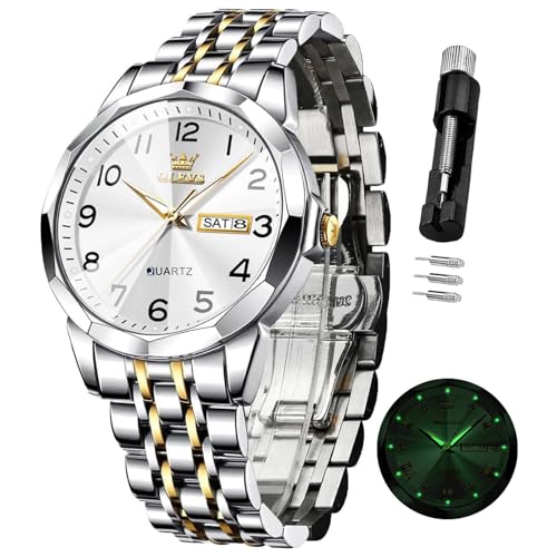 OLEVS Mens Watches Luxury Business Diamond Analog Quartz Watches for Men with Date Two Tone Stainless Steel Waterproof Luminous Dress Wrist Watches