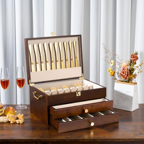 Silverware Storage Box, 2-Layer Flatware Storage Case with Drawer, Wooden Silverware Chest with Linen Liner, Rustic Silverware Case for Storing Fine Flatware and Utensils (Walnut)