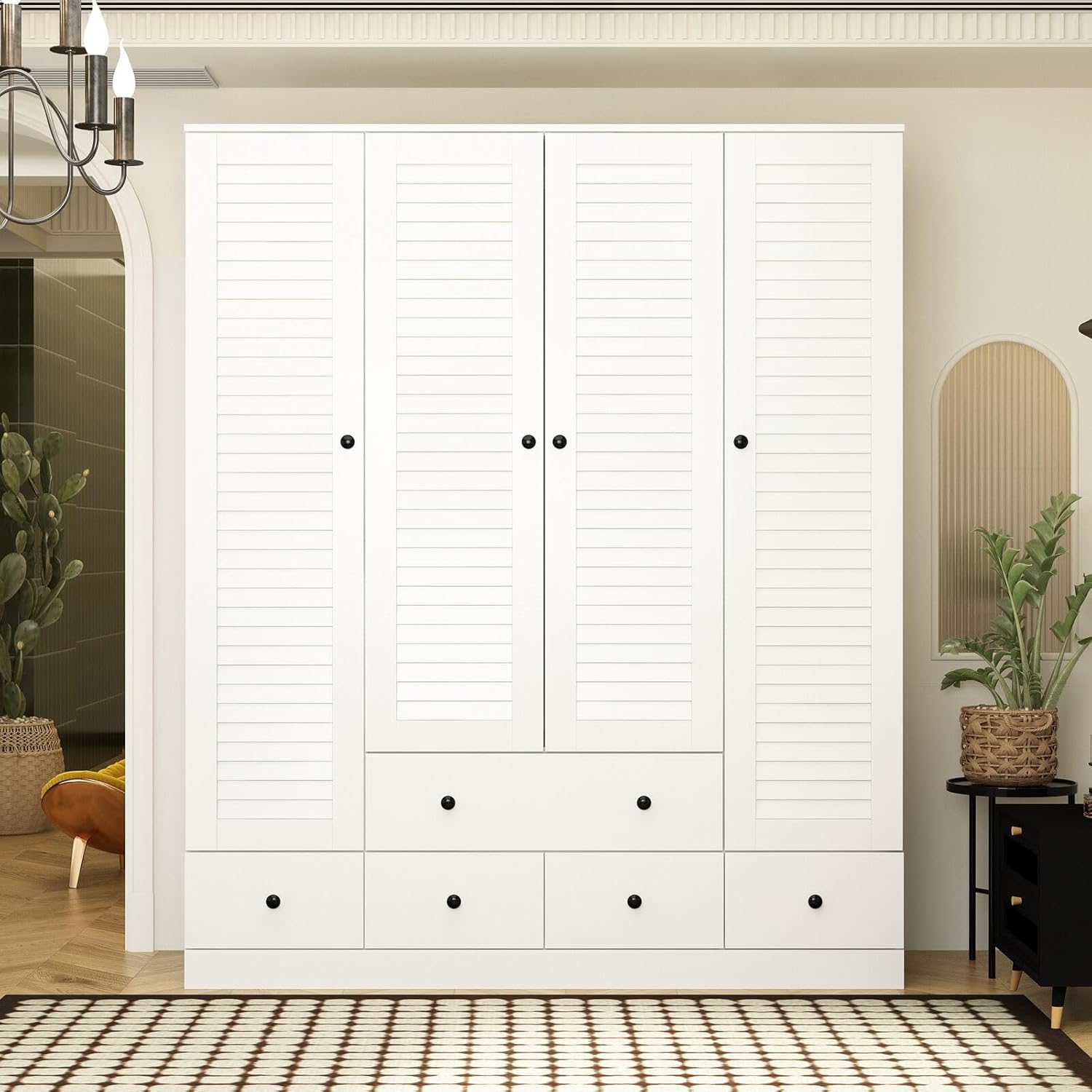 Rustic White Large Capacity Slat Door Wardrobe Closet with 5 Drawers and 4 Doors Roomy Storage, E355142988740