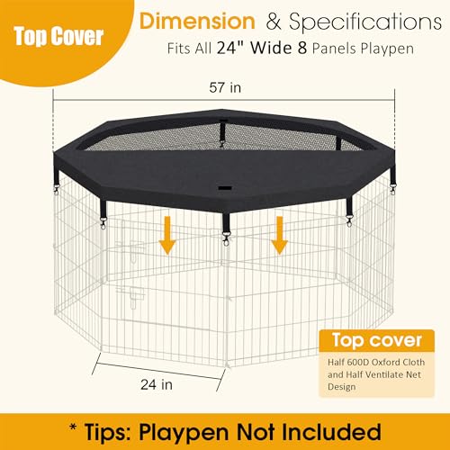 Dog Pen Pet Playpen Dog Fence Indoor Foldable Metal Wire Exercise Puppy Play Yard Pet Enclosure Indoor Outdoor 8 Panels 24 Inch with Bottom Pad/Top Cover (Black with top Cover)