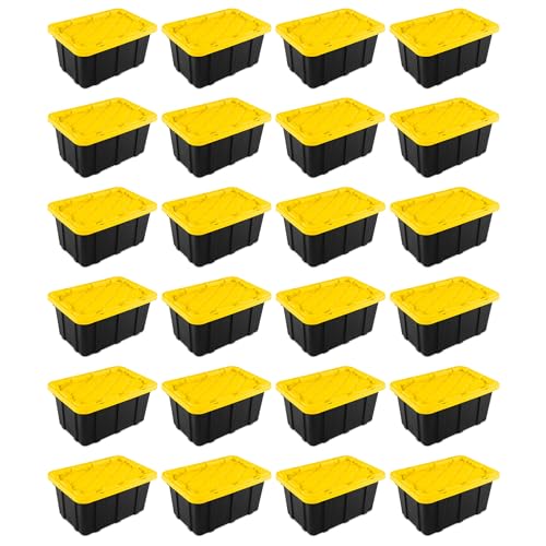 Sterilite 38 Gallon Industrial Stackable Storage Tote Snap-Fit Lidded Home Garage Organization Container with Carrying Handles, 8 Pack, Black/Yellow