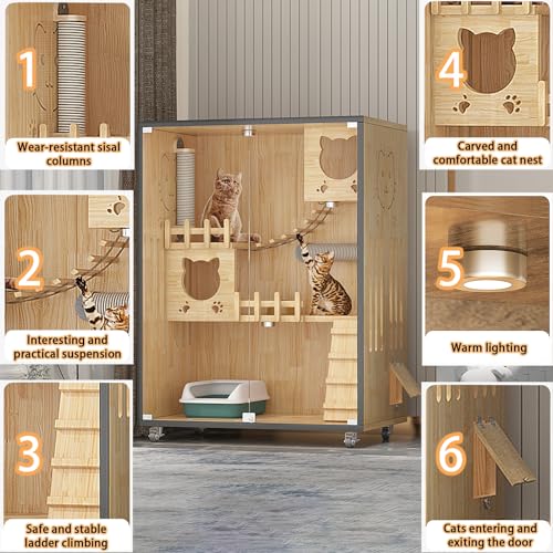 HUATOL Wooden Large Indoor Cat Enclosure, Indoor/Outdoor Cat Cage Large Space with Wheels, Multi-Feature Enclosed Cat Condo for Indoor Cats Ventilation Glass Doors, 50